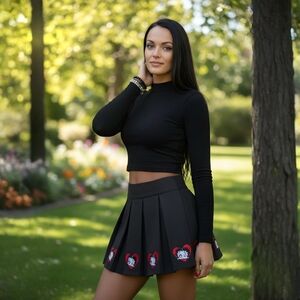 Betty Boop ✦ Black Pleated Mini Skirt ✦ Red Heart Appliqué Cartoon Pinup Style S